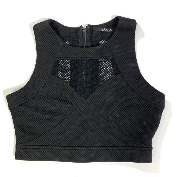 LuLu’s Black Stretch Crop Top Fishnet Panels Back Zip size M - Picture 5 of 11